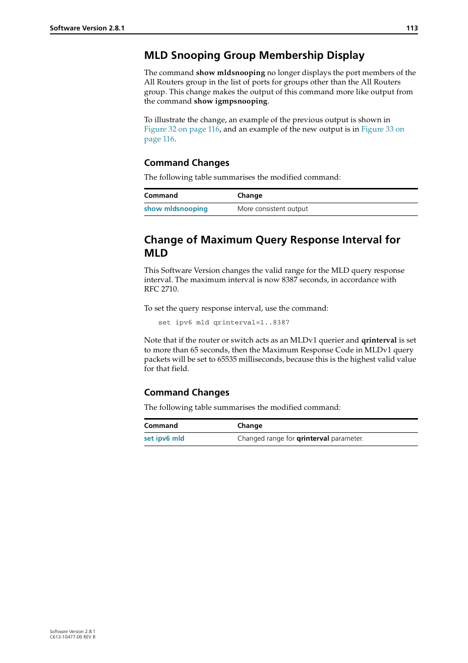 Mld snooping group membership display, Change of maximum query response interval for mld, Command changes | Allied Telesis RAPIER I User Manual | Page 113 / 232