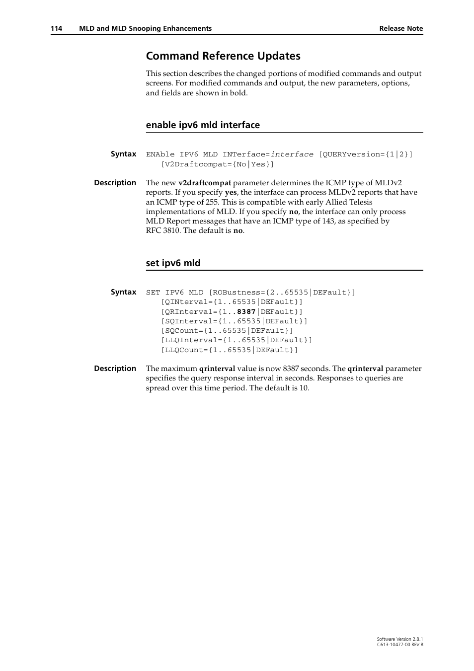 Command reference updates, Enable ipv6 mld interface, Set ipv6 mld | Allied Telesis RAPIER I User Manual | Page 114 / 232