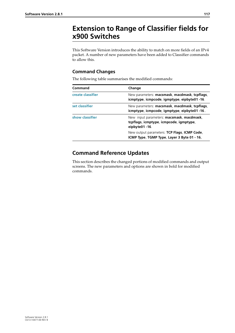 Command reference updates, Extension to range of classifier fields for x900, Switches | Command changes | Allied Telesis RAPIER I User Manual | Page 117 / 232