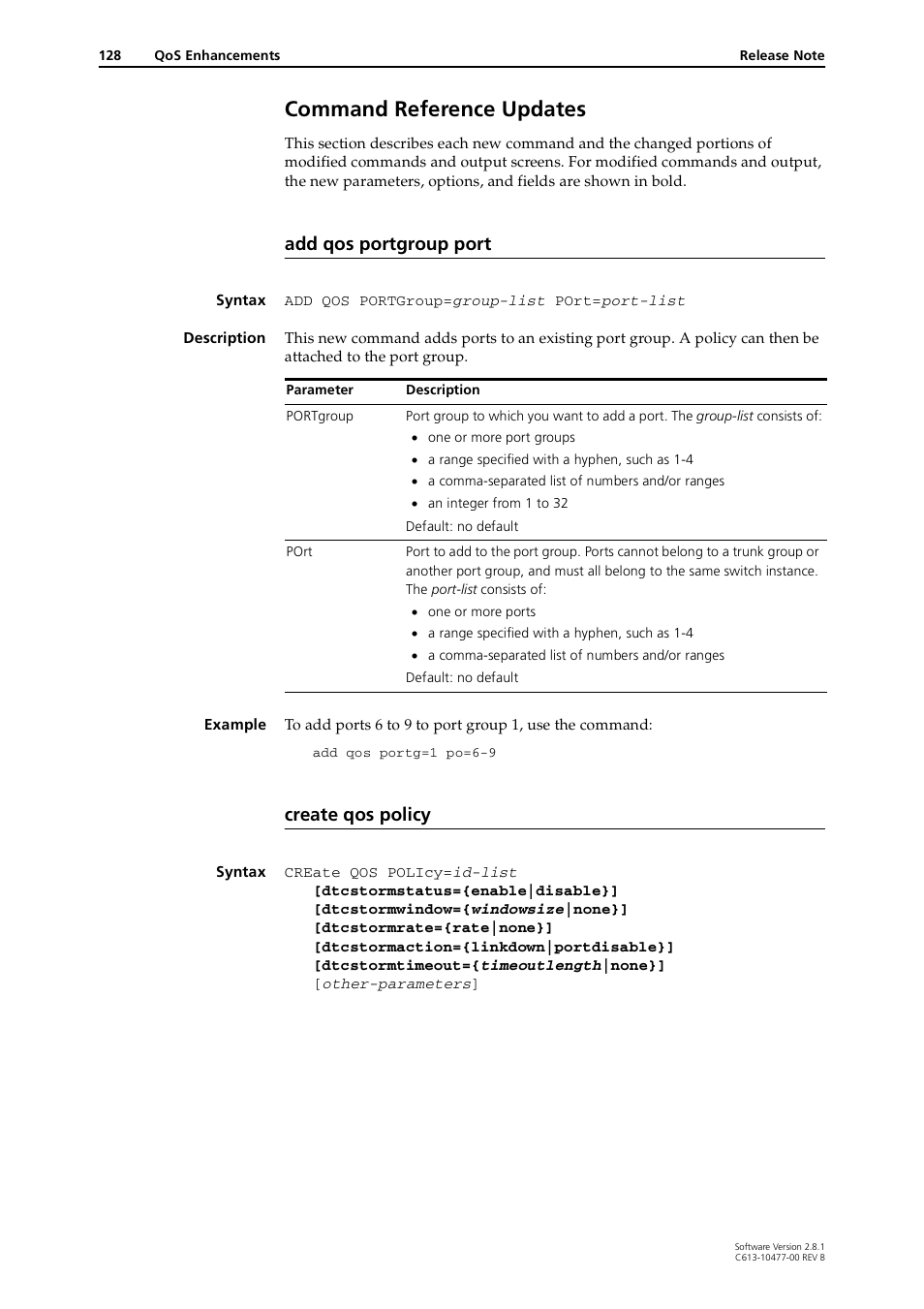 Command reference updates, Add qos portgroup port, Create qos policy | Allied Telesis RAPIER I User Manual | Page 128 / 232