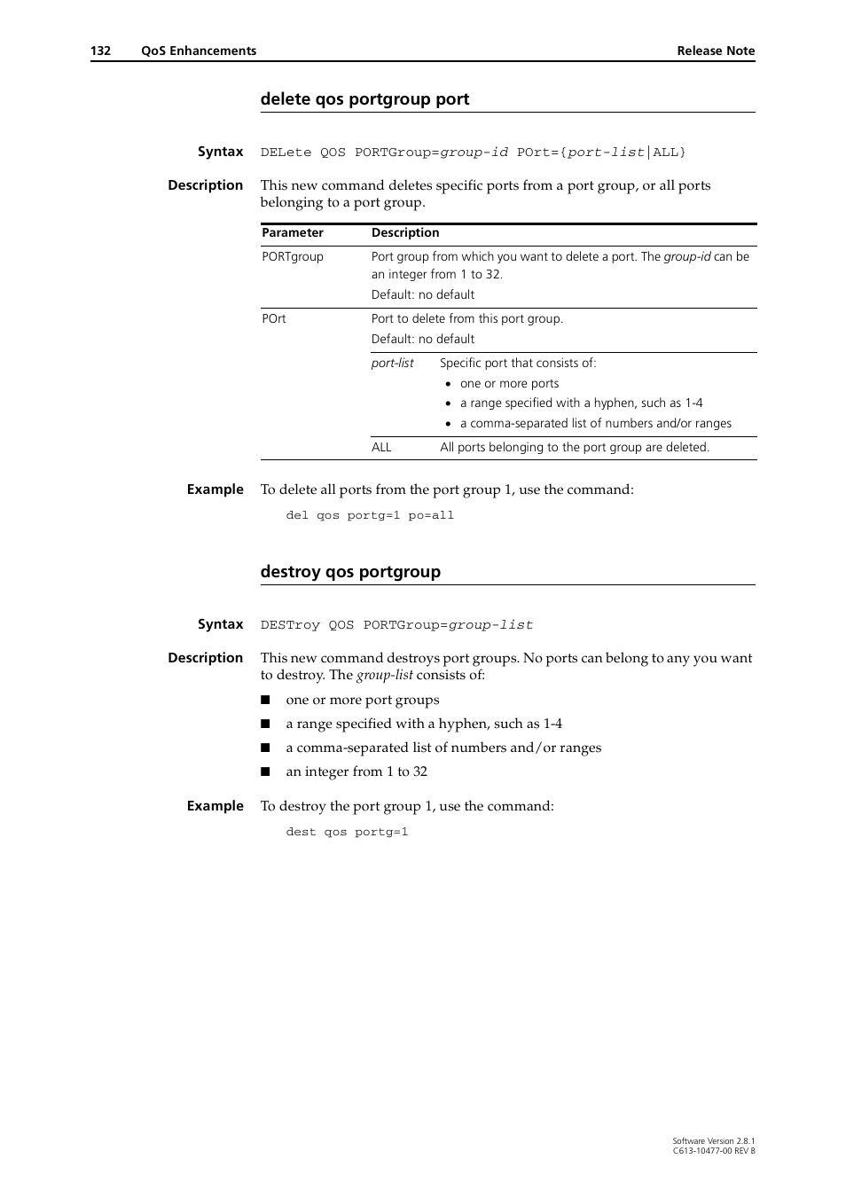 Delete qos portgroup port, Destroy qos portgroup | Allied Telesis RAPIER I User Manual | Page 132 / 232