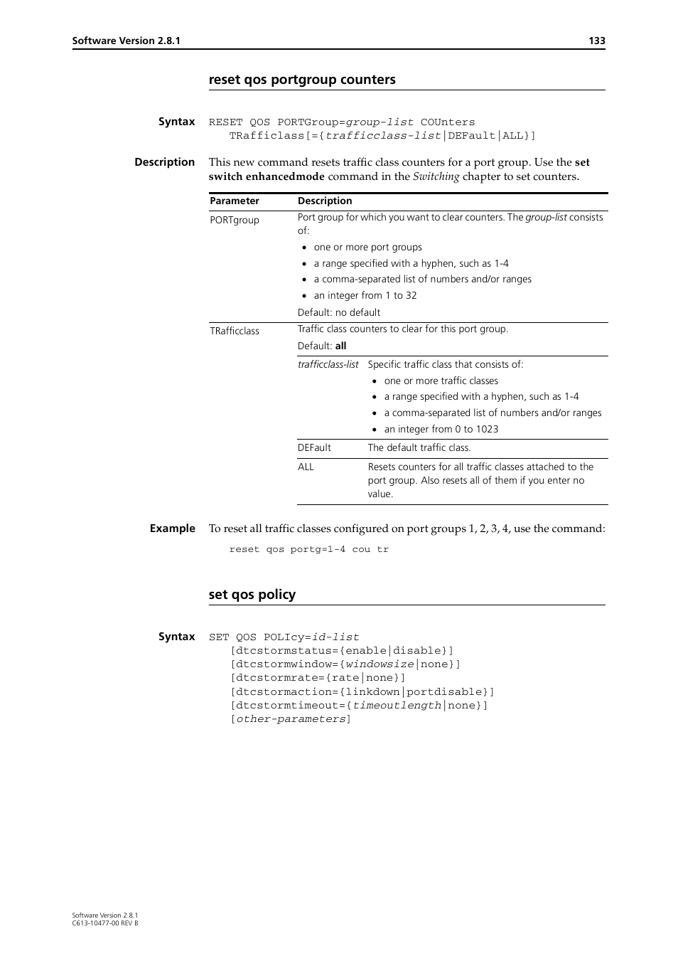 Reset qos portgroup counters, Set qos policy | Allied Telesis RAPIER I User Manual | Page 133 / 232