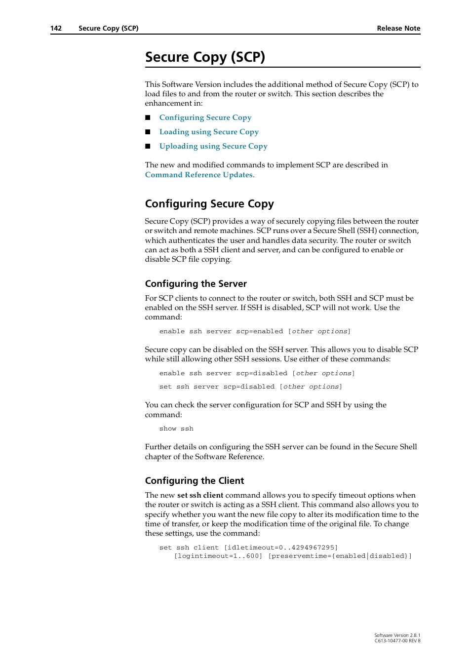 Secure copy (scp), Configuring secure copy, Configuring the server | Configuring the client | Allied Telesis RAPIER I User Manual | Page 142 / 232