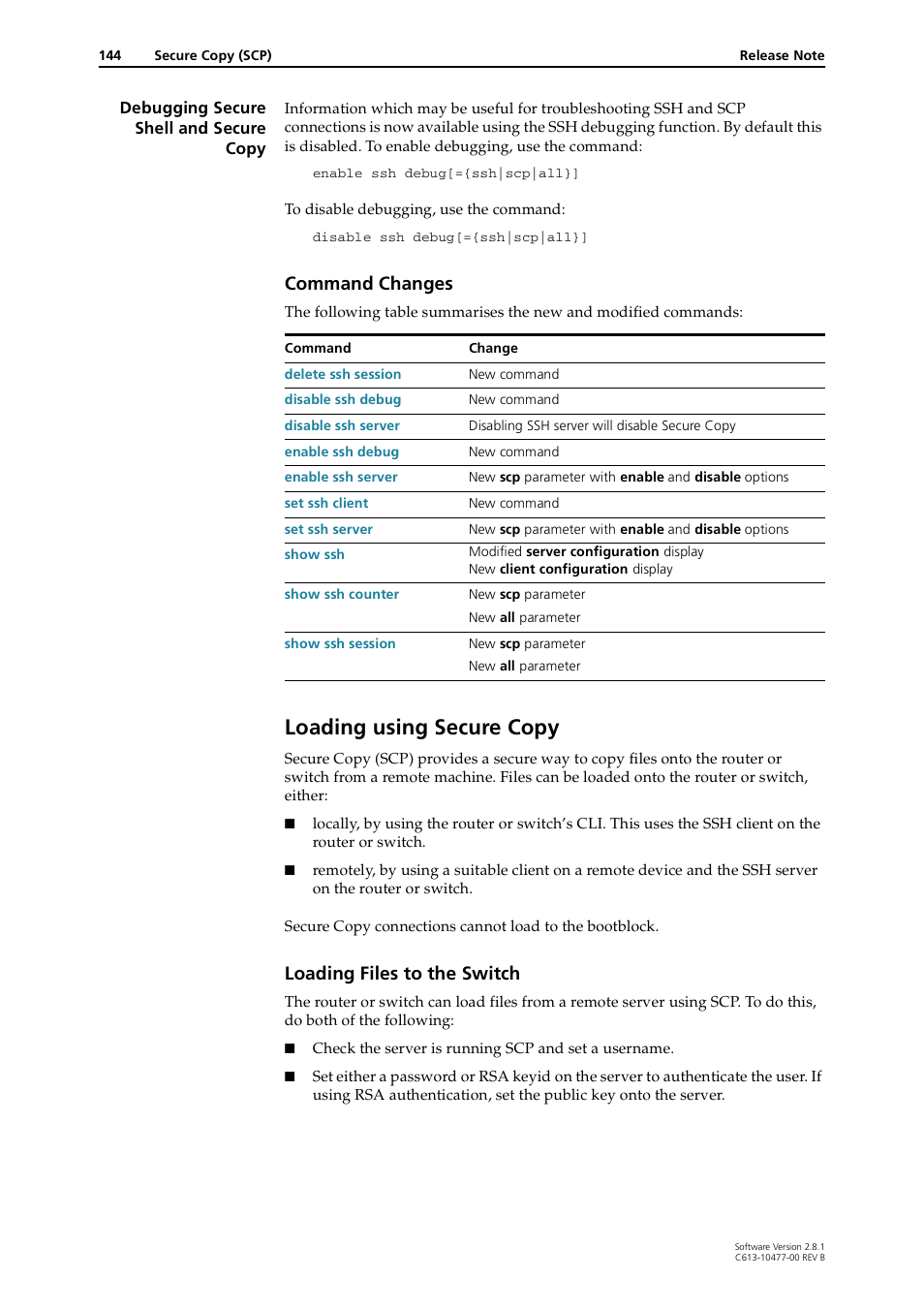 Loading using secure copy, Command changes, Loading files to the switch | Allied Telesis RAPIER I User Manual | Page 144 / 232