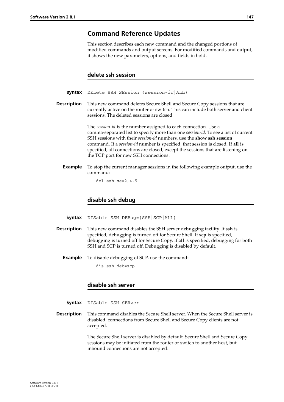 Command reference updates, Delete ssh session, Disable ssh debug | Disable ssh server | Allied Telesis RAPIER I User Manual | Page 147 / 232