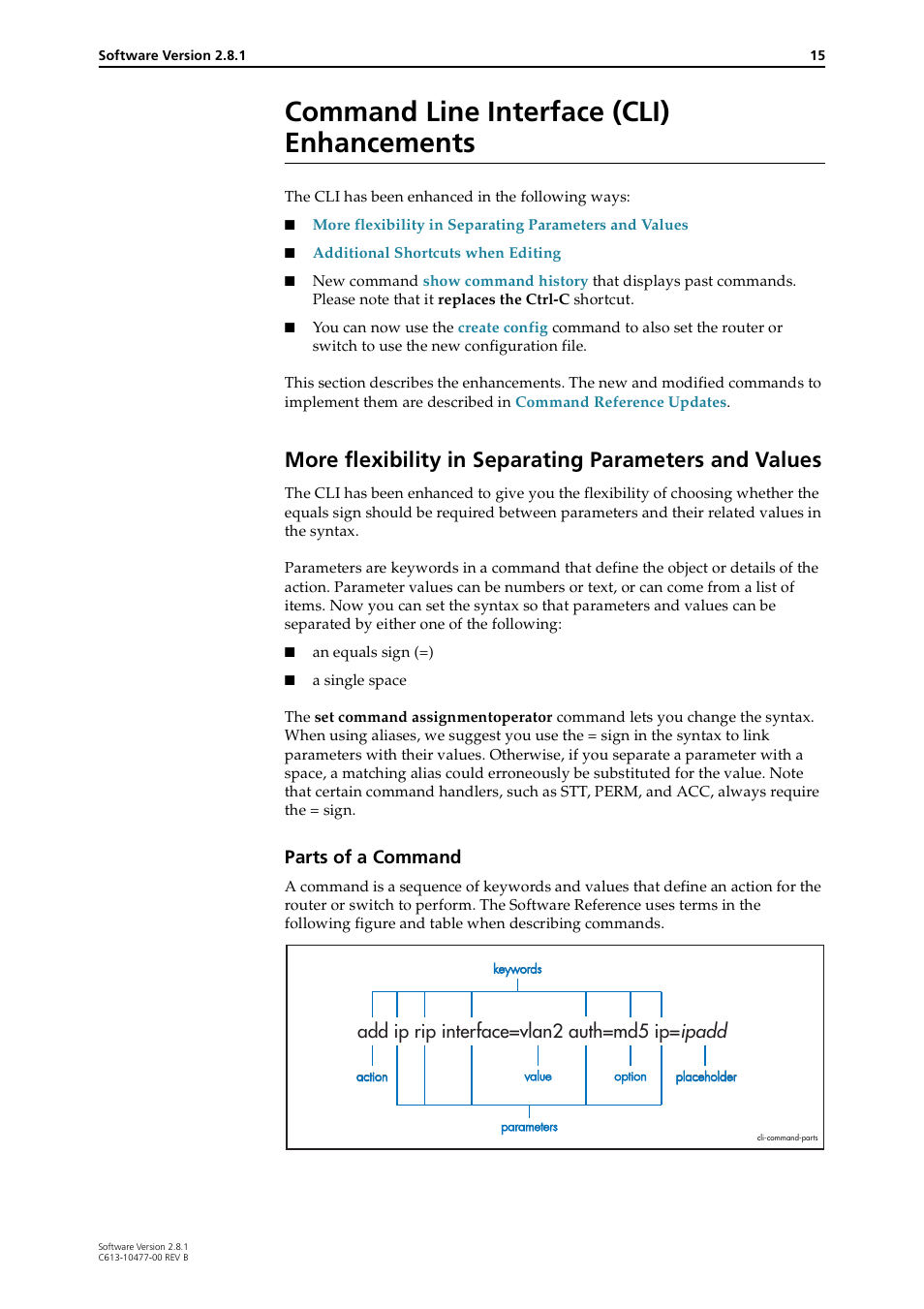 Command line interface (cli) enhancements, Parts of a command, Add ip rip interface=vlan2 auth=md5 ip= ipadd | Allied Telesis RAPIER I User Manual | Page 15 / 232