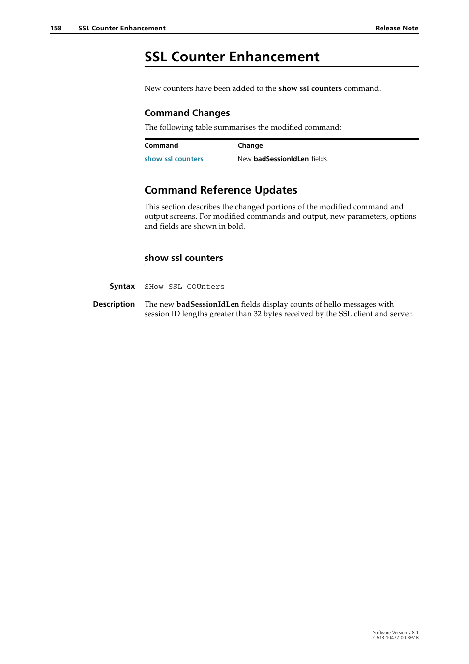 Ssl counter enhancement, Command reference updates, Show ssl counters | Allied Telesis RAPIER I User Manual | Page 158 / 232