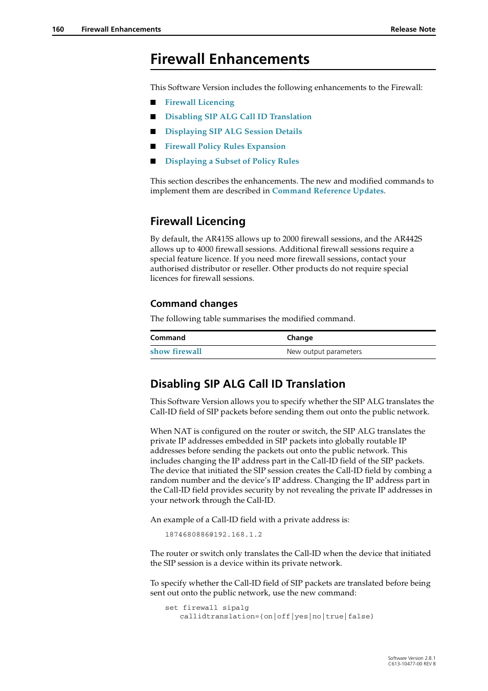 Firewall enhancements, Firewall licencing, Disabling sip alg call id translation | Command changes | Allied Telesis RAPIER I User Manual | Page 160 / 232