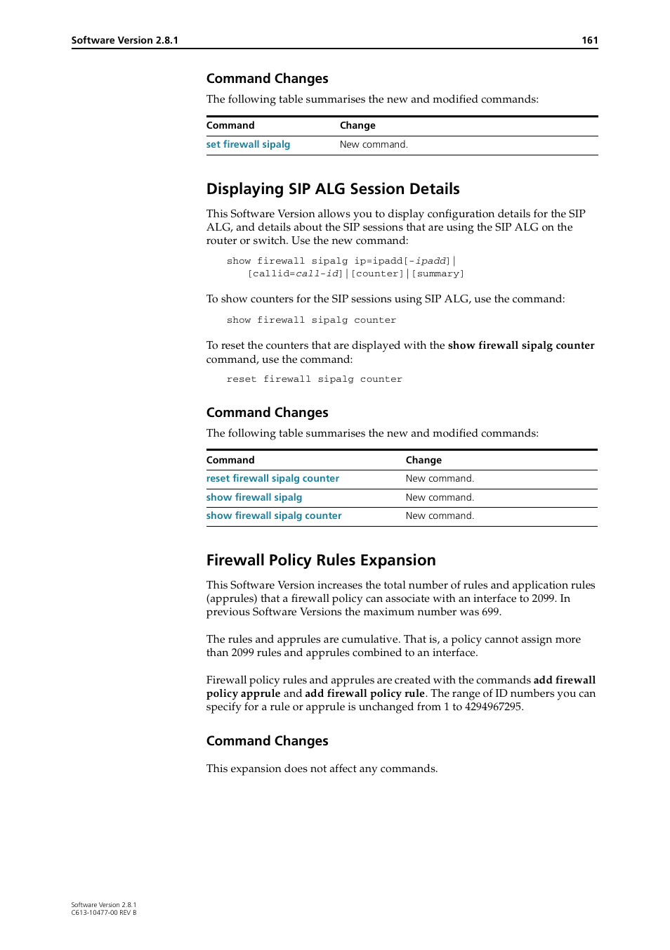 Displaying sip alg session details, Firewall policy rules expansion, Command changes | Allied Telesis RAPIER I User Manual | Page 161 / 232