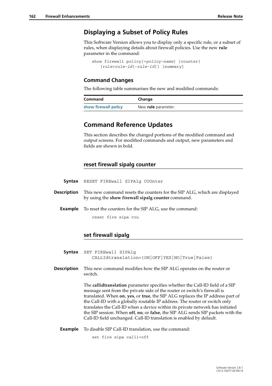 Displaying a subset of policy rules, Command reference updates, Reset firewall sipalg counter | Set firewall sipalg, Command changes | Allied Telesis RAPIER I User Manual | Page 162 / 232