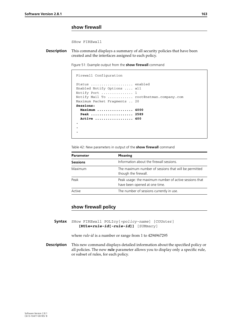 Show firewall, Show firewall policy | Allied Telesis RAPIER I User Manual | Page 163 / 232