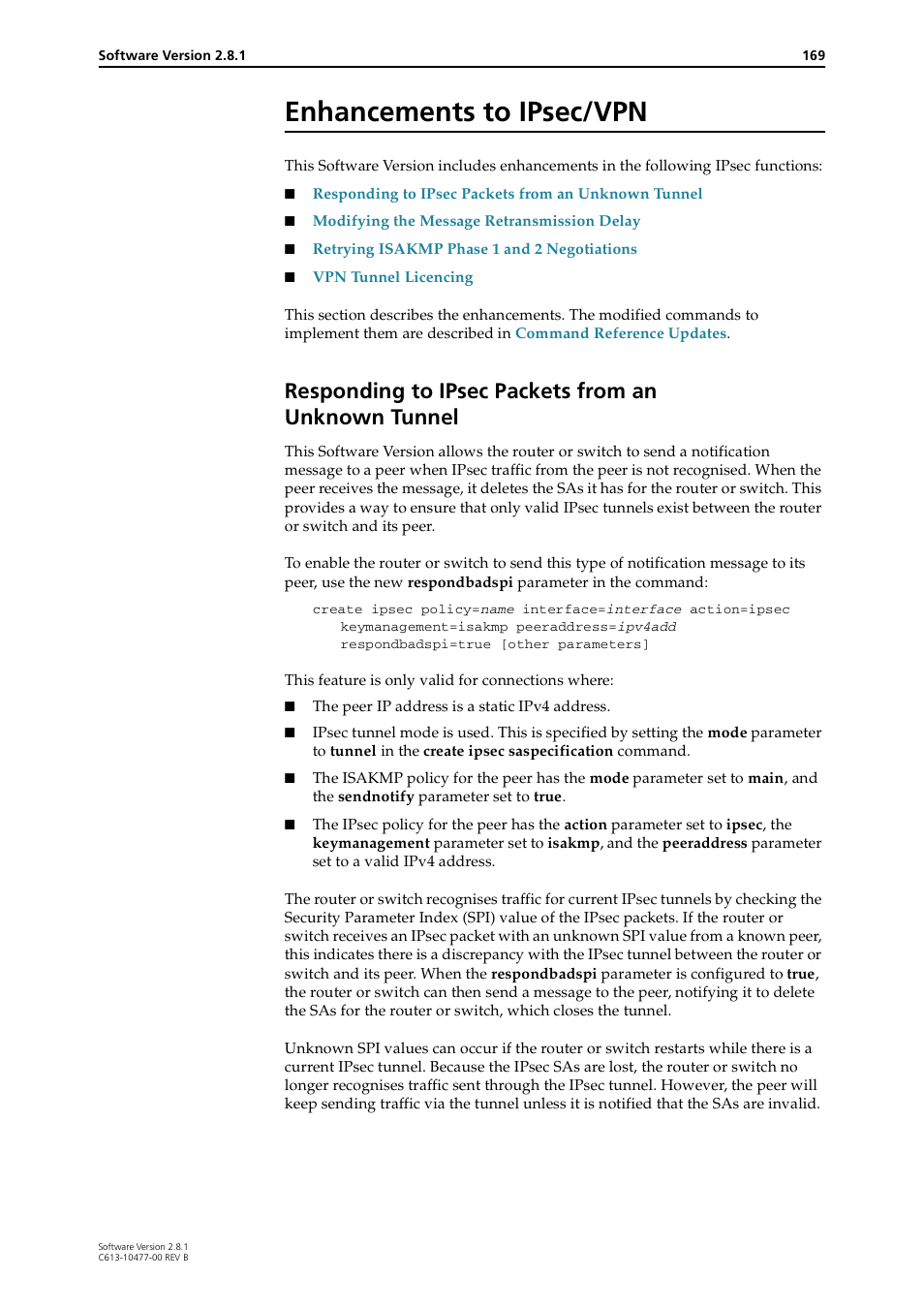 Enhancements to ipsec/vpn, Responding to ipsec packets from an unknown tunnel, Responding to ipsec packets from an | Unknown tunnel, Responding to ipsec packets from an unknown, Tunnel | Allied Telesis RAPIER I User Manual | Page 169 / 232