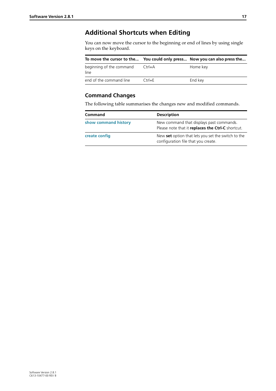 Additional shortcuts when editing, Command changes | Allied Telesis RAPIER I User Manual | Page 17 / 232
