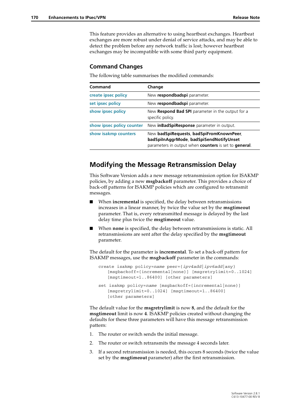 Modifying the message retransmission delay, Command changes | Allied Telesis RAPIER I User Manual | Page 170 / 232