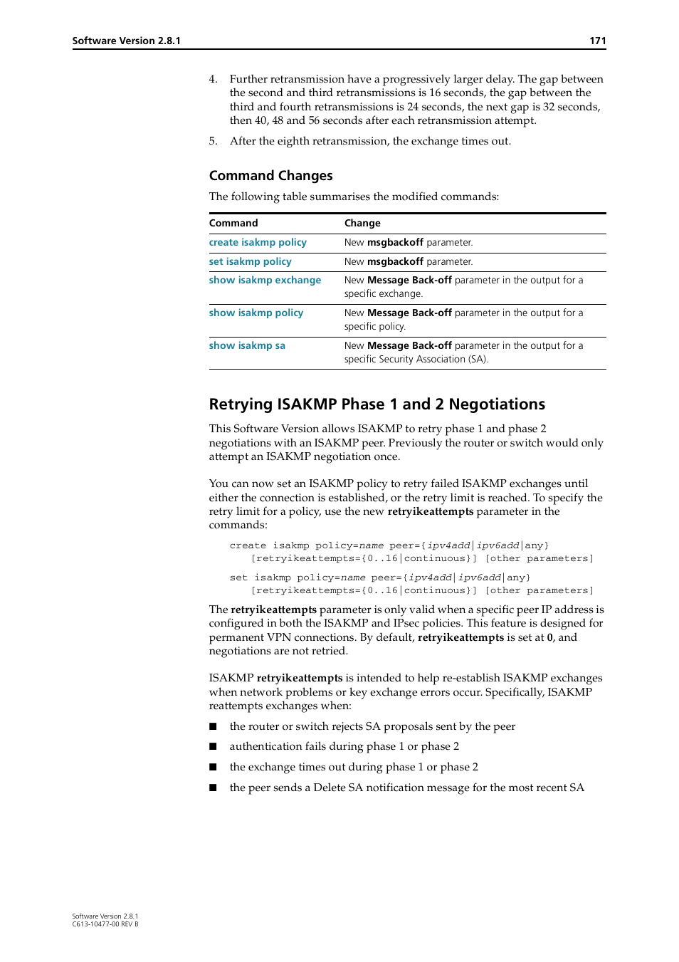 Retrying isakmp phase 1 and 2 negotiations, Command changes | Allied Telesis RAPIER I User Manual | Page 171 / 232