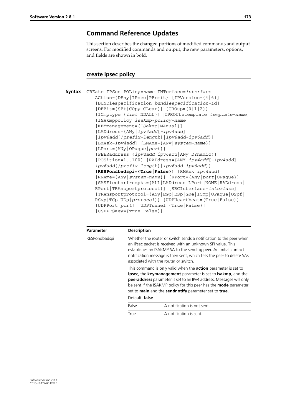 Command reference updates, Create ipsec policy | Allied Telesis RAPIER I User Manual | Page 173 / 232