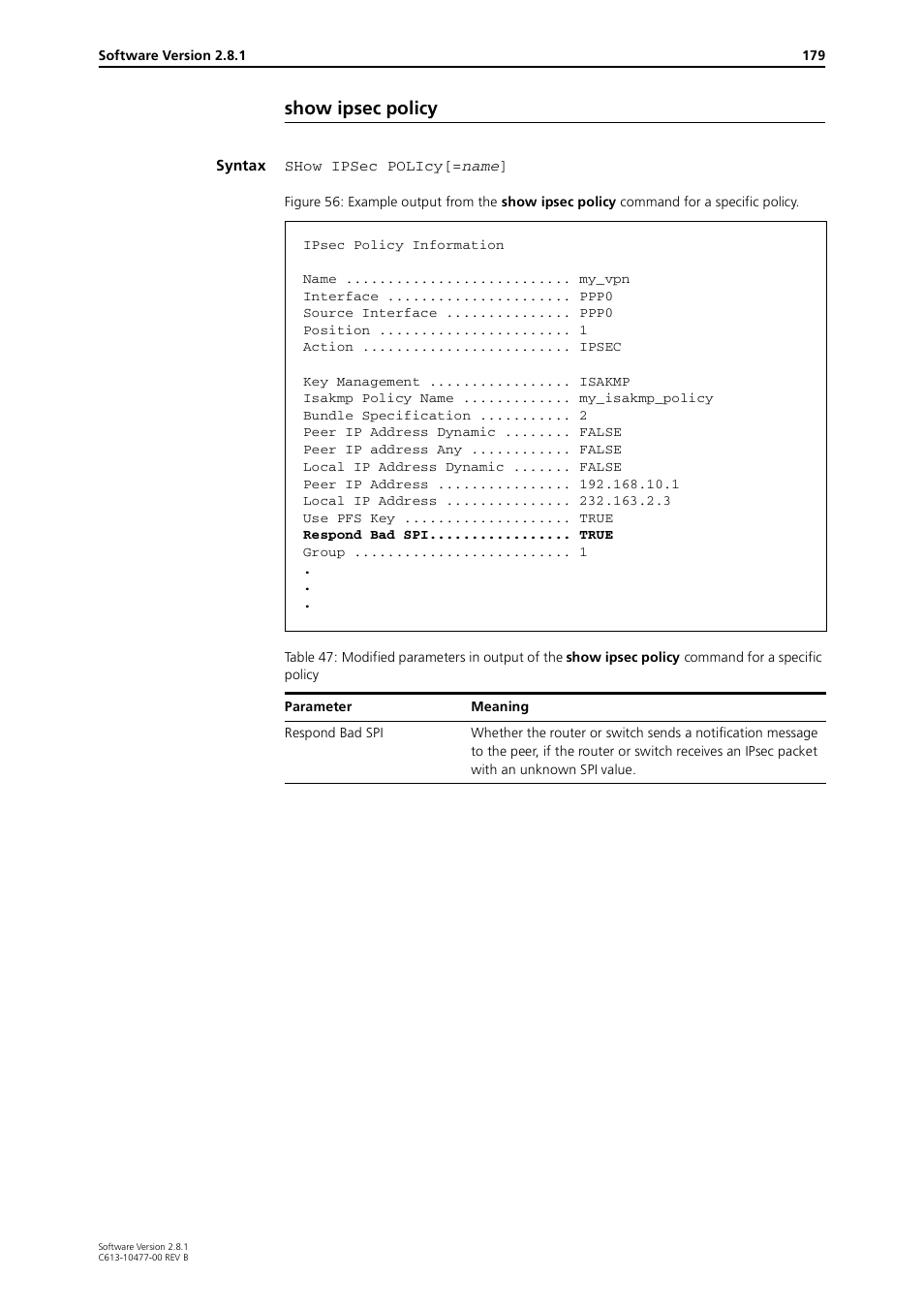 Show ipsec policy | Allied Telesis RAPIER I User Manual | Page 179 / 232