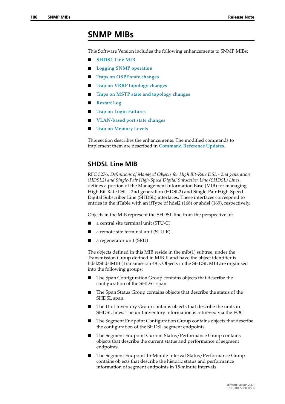 Snmp mibs, Shdsl line mib | Allied Telesis RAPIER I User Manual | Page 186 / 232