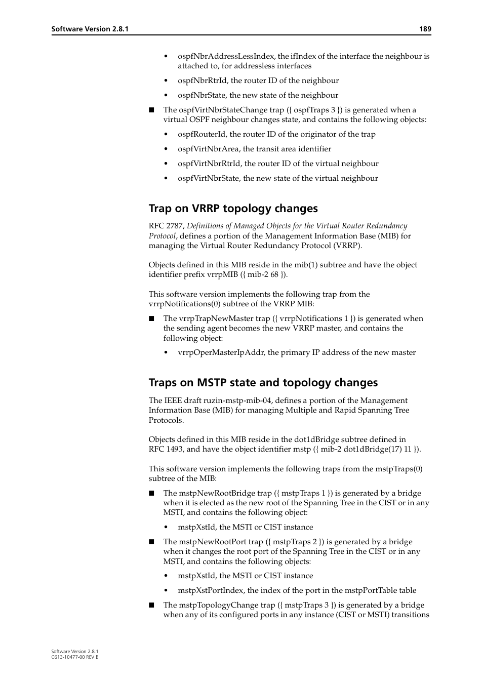 Trap on vrrp topology changes, Traps on mstp state and topology changes | Allied Telesis RAPIER I User Manual | Page 189 / 232