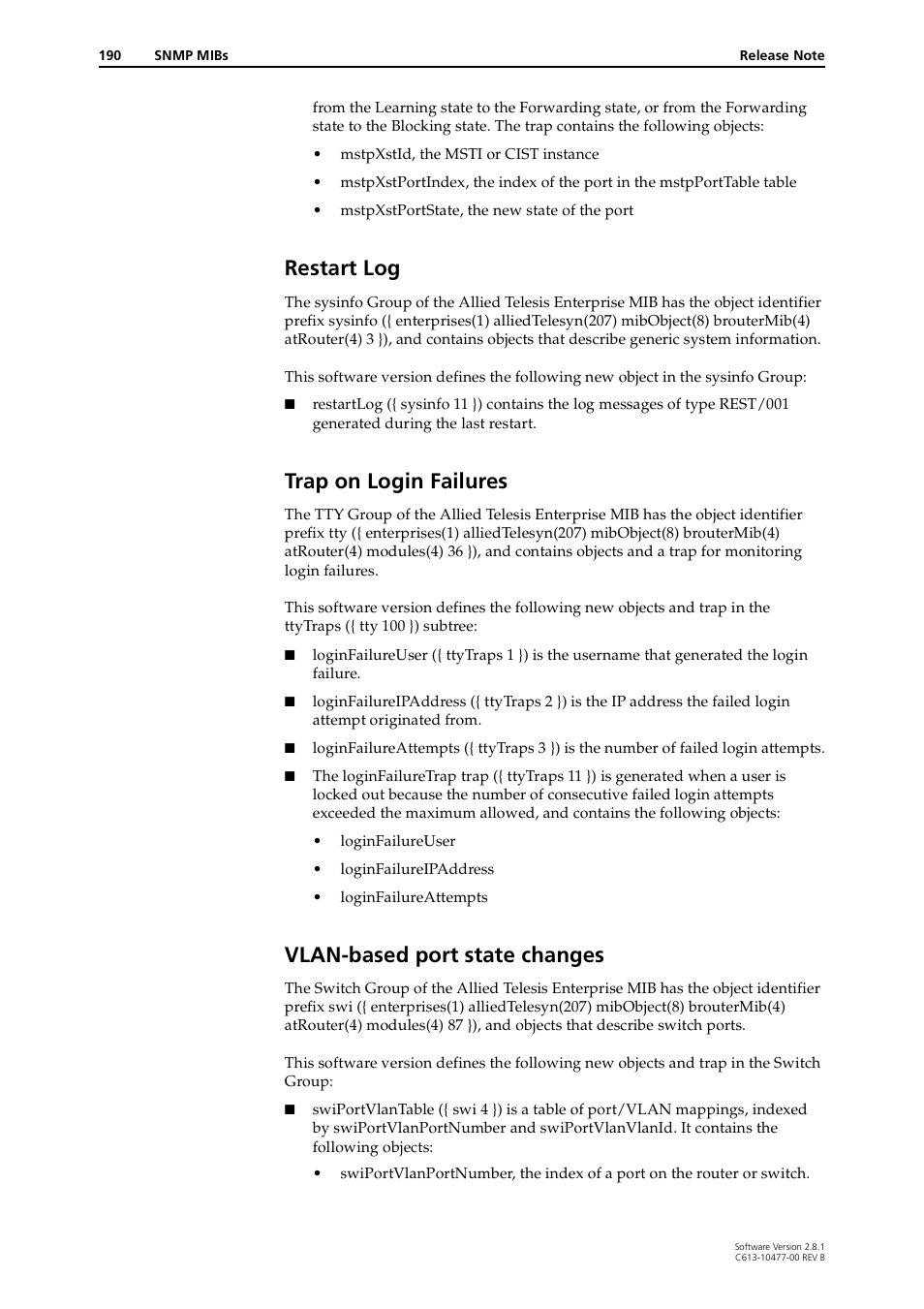 Restart log, Trap on login failures, Vlan-based port state changes | Allied Telesis RAPIER I User Manual | Page 190 / 232