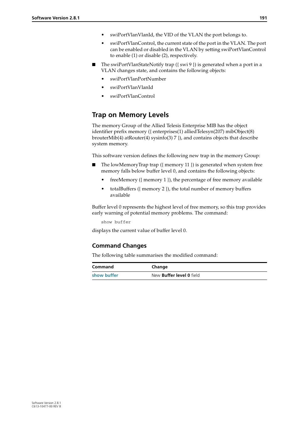 Trap on memory levels, Command changes | Allied Telesis RAPIER I User Manual | Page 191 / 232