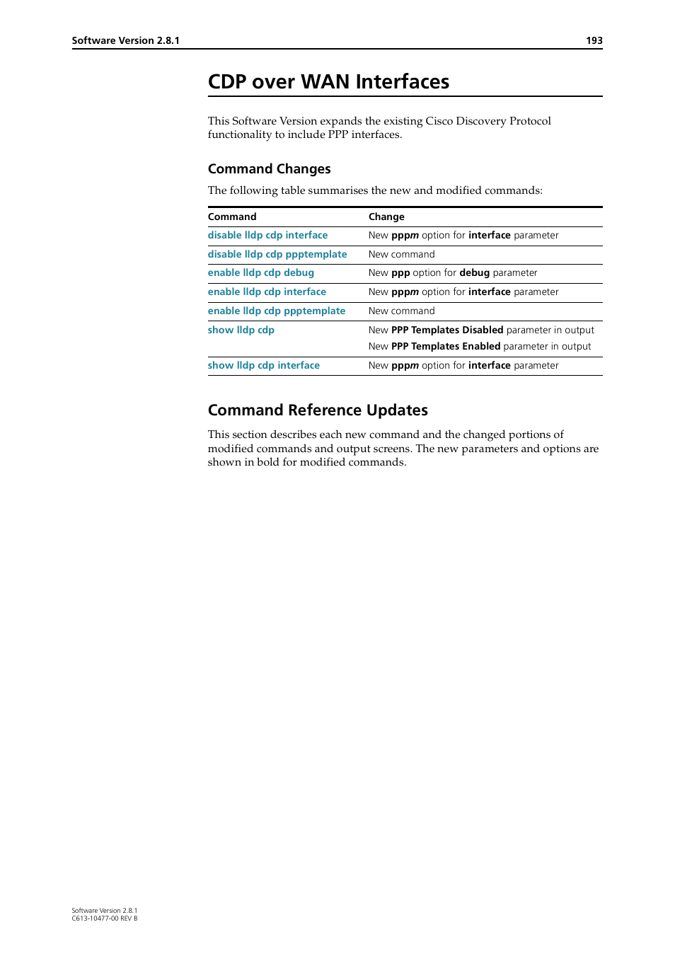 Cdp over wan interfaces, Command reference updates, Command changes | Allied Telesis RAPIER I User Manual | Page 193 / 232