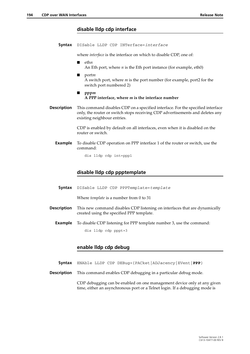 Disable lldp cdp interface, Disable lldp cdp ppptemplate, Enable lldp cdp debug | Allied Telesis RAPIER I User Manual | Page 194 / 232