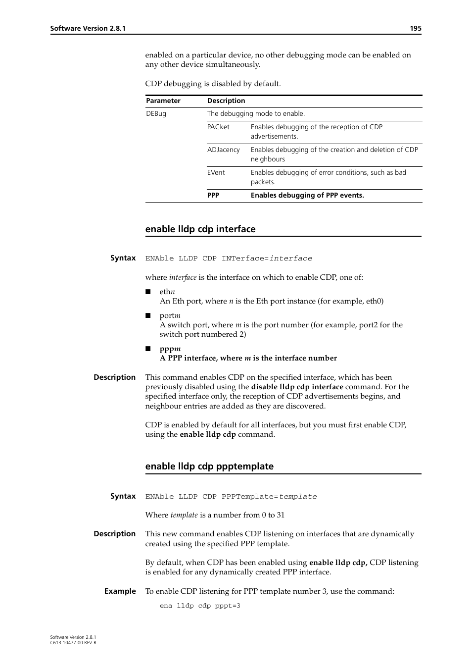 Enable lldp cdp interface, Enable lldp cdp ppptemplate | Allied Telesis RAPIER I User Manual | Page 195 / 232