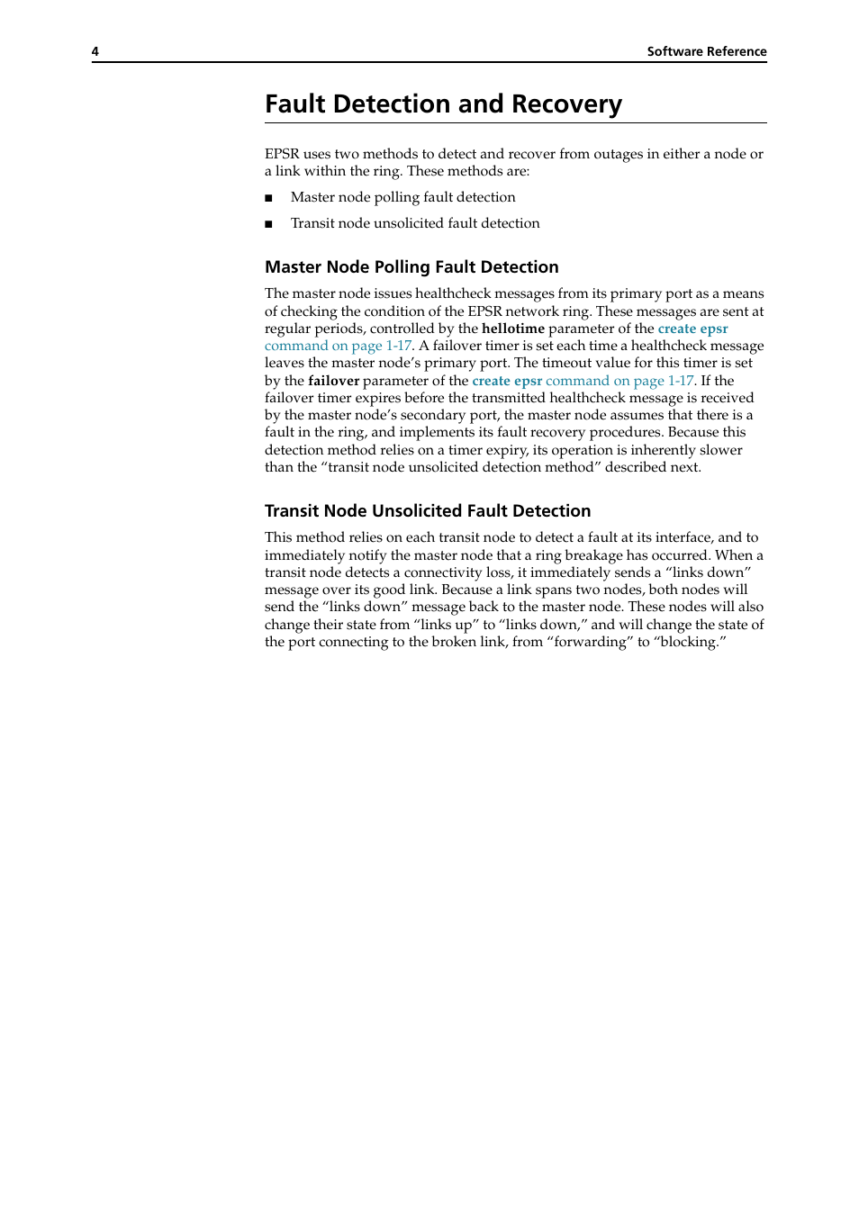 Fault detection and recovery, Fault detection and recovery -4, Fault detection and recovery” on | Master node polling fault detection, Transit node unsolicited fault detection | Allied Telesis RAPIER I User Manual | Page 202 / 232