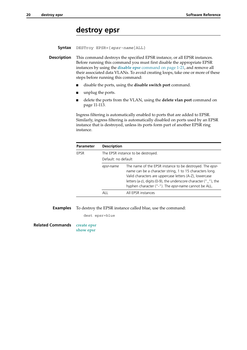 Destroy epsr, Destroy epsr -20 | Allied Telesis RAPIER I User Manual | Page 218 / 232