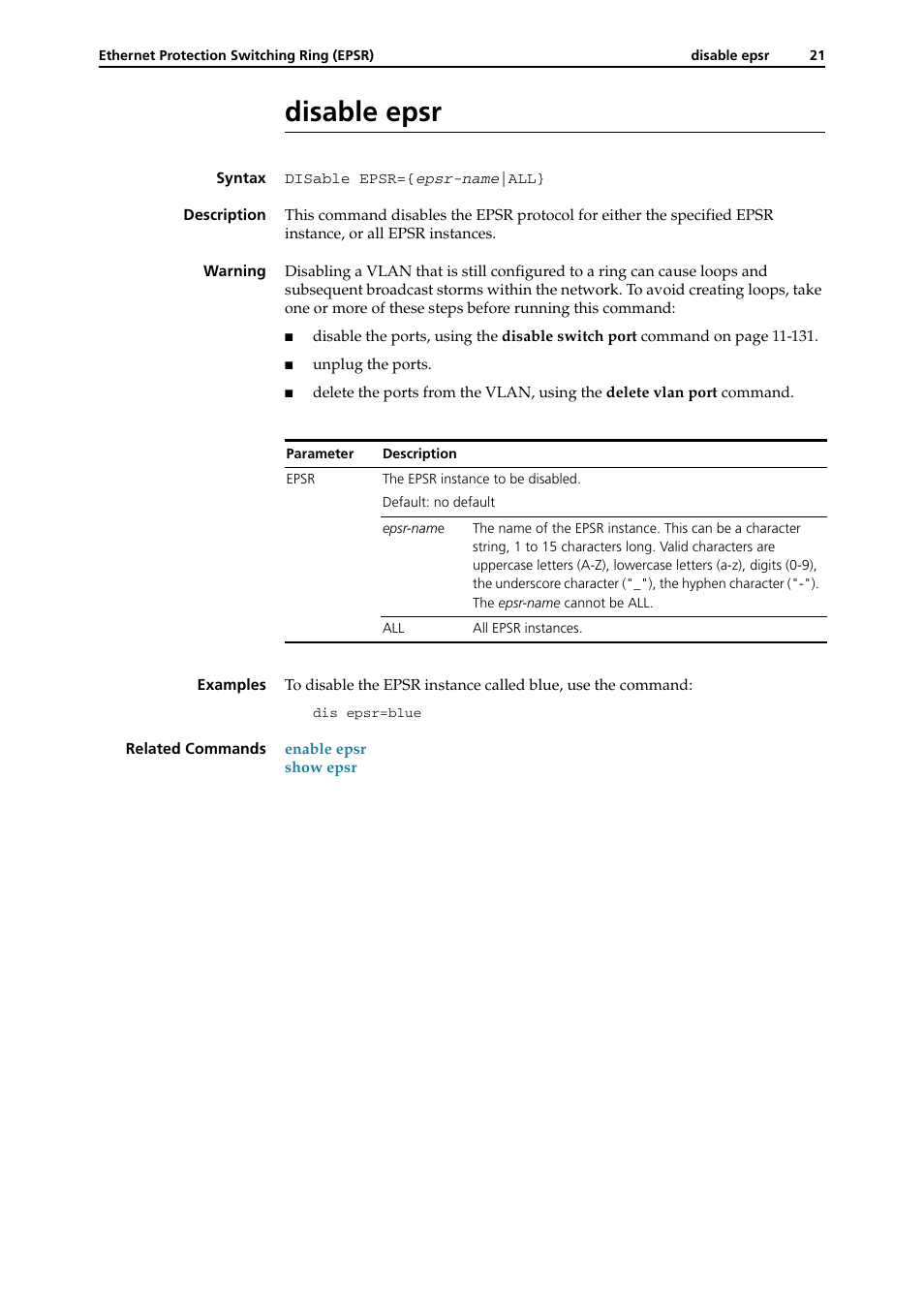Disable epsr, Disable epsr -21 | Allied Telesis RAPIER I User Manual | Page 219 / 232