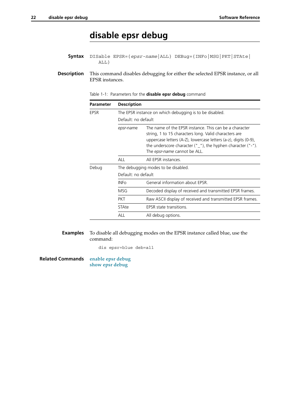 Disable epsr debug, Disable epsr debug -22 | Allied Telesis RAPIER I User Manual | Page 220 / 232