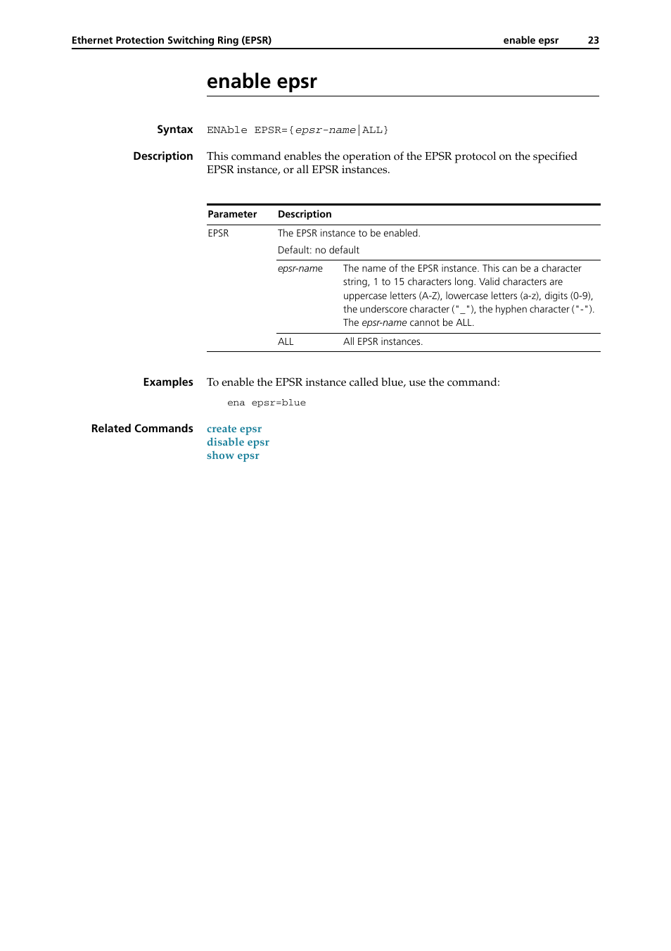 Enable epsr, Enable epsr -23 | Allied Telesis RAPIER I User Manual | Page 221 / 232