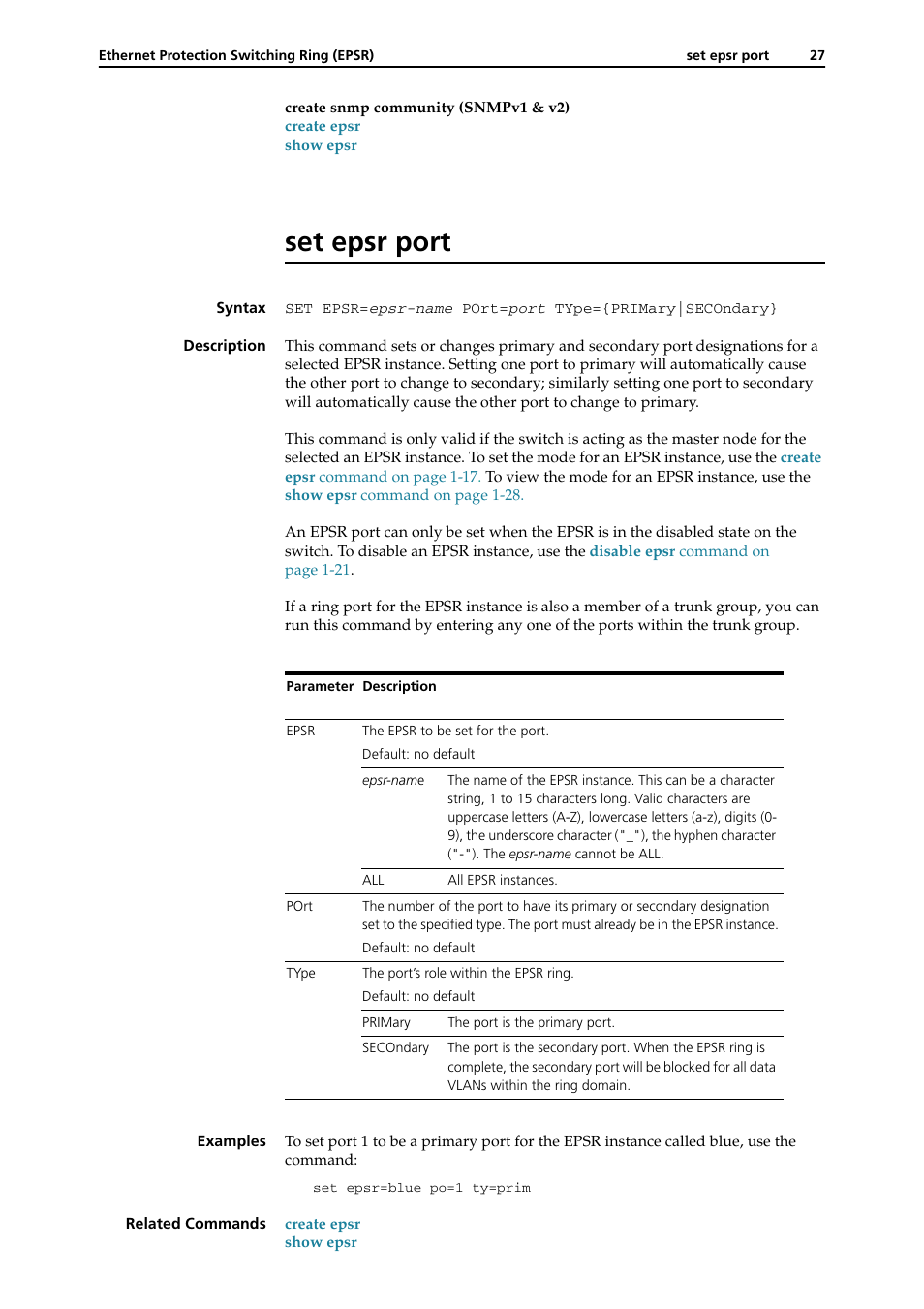 Set epsr port, Set epsr port -27 | Allied Telesis RAPIER I User Manual | Page 225 / 232