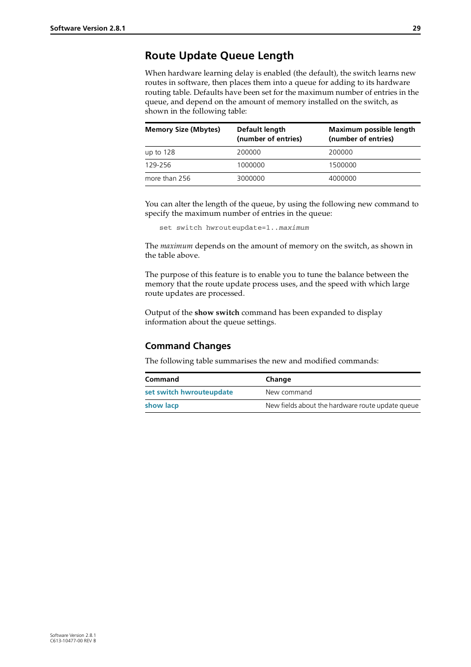 Route update queue length, Command changes | Allied Telesis RAPIER I User Manual | Page 29 / 232