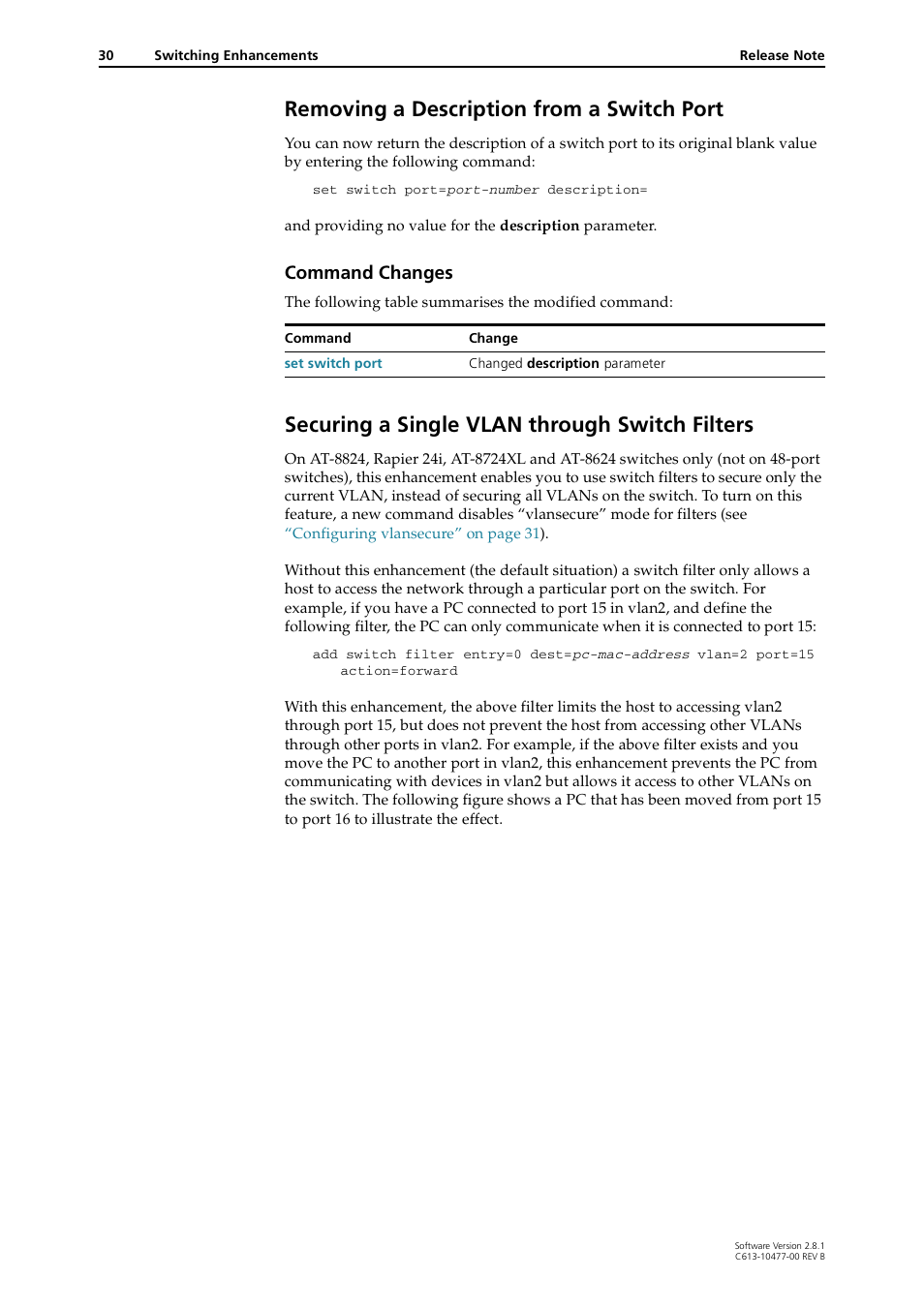 Removing a description from a switch port, Securing a single vlan through switch filters, Command changes | Allied Telesis RAPIER I User Manual | Page 30 / 232