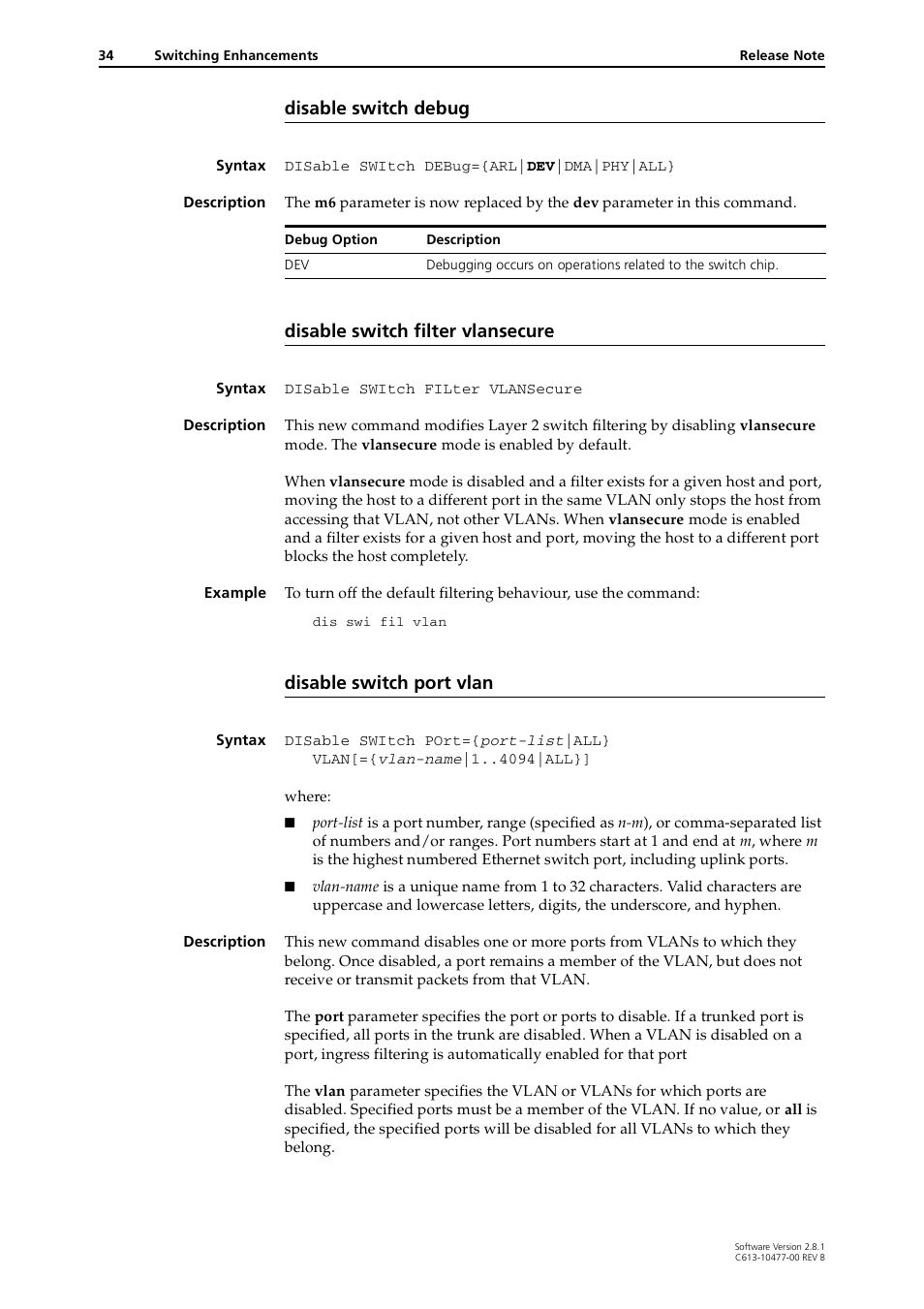 Disable switch debug, Disable switch filter vlansecure, Disable switch port vlan | Allied Telesis RAPIER I User Manual | Page 34 / 232