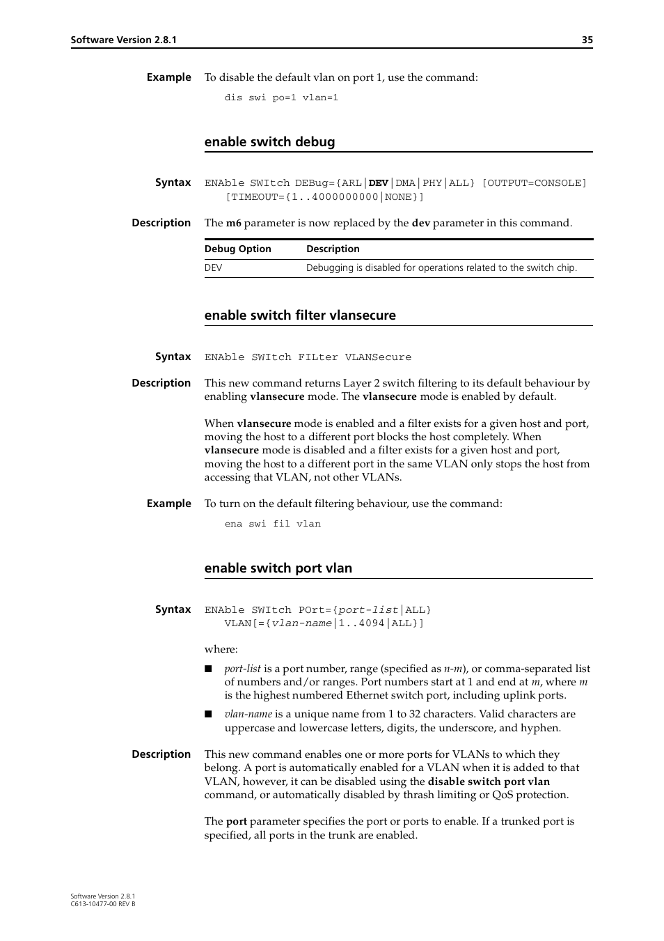 Enable switch debug, Enable switch filter vlansecure, Enable switch port vlan | Allied Telesis RAPIER I User Manual | Page 35 / 232