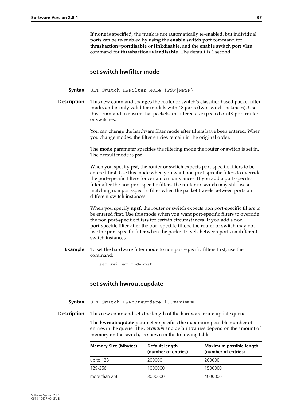 Set switch hwfilter mode, Set switch hwrouteupdate | Allied Telesis RAPIER I User Manual | Page 37 / 232