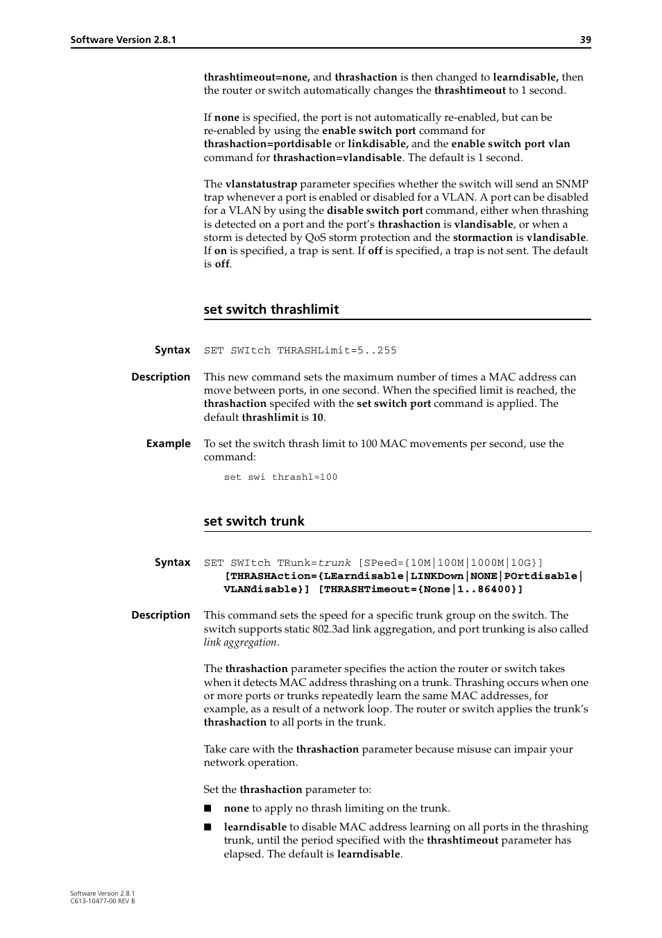 Set switch thrashlimit, Set switch trunk | Allied Telesis RAPIER I User Manual | Page 39 / 232