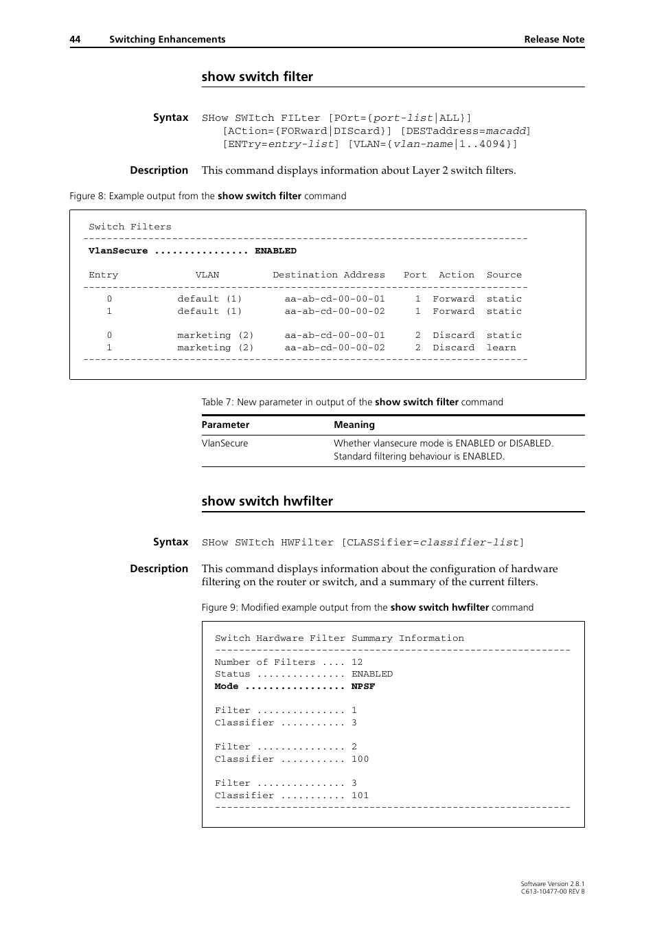 Show switch filter, Show switch hwfilter | Allied Telesis RAPIER I User Manual | Page 44 / 232
