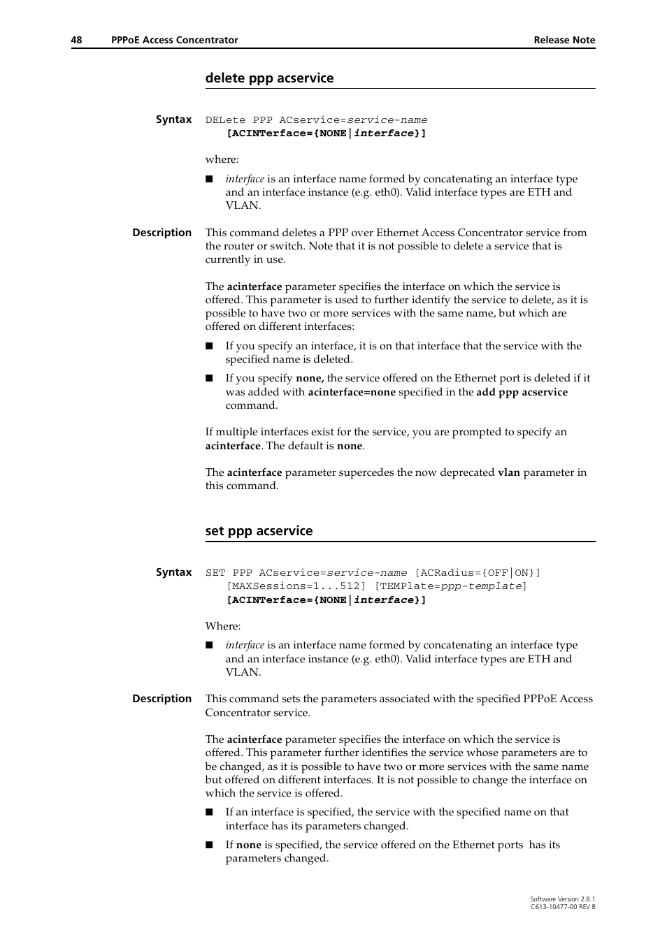 Delete ppp acservice, Set ppp acservice | Allied Telesis RAPIER I User Manual | Page 48 / 232