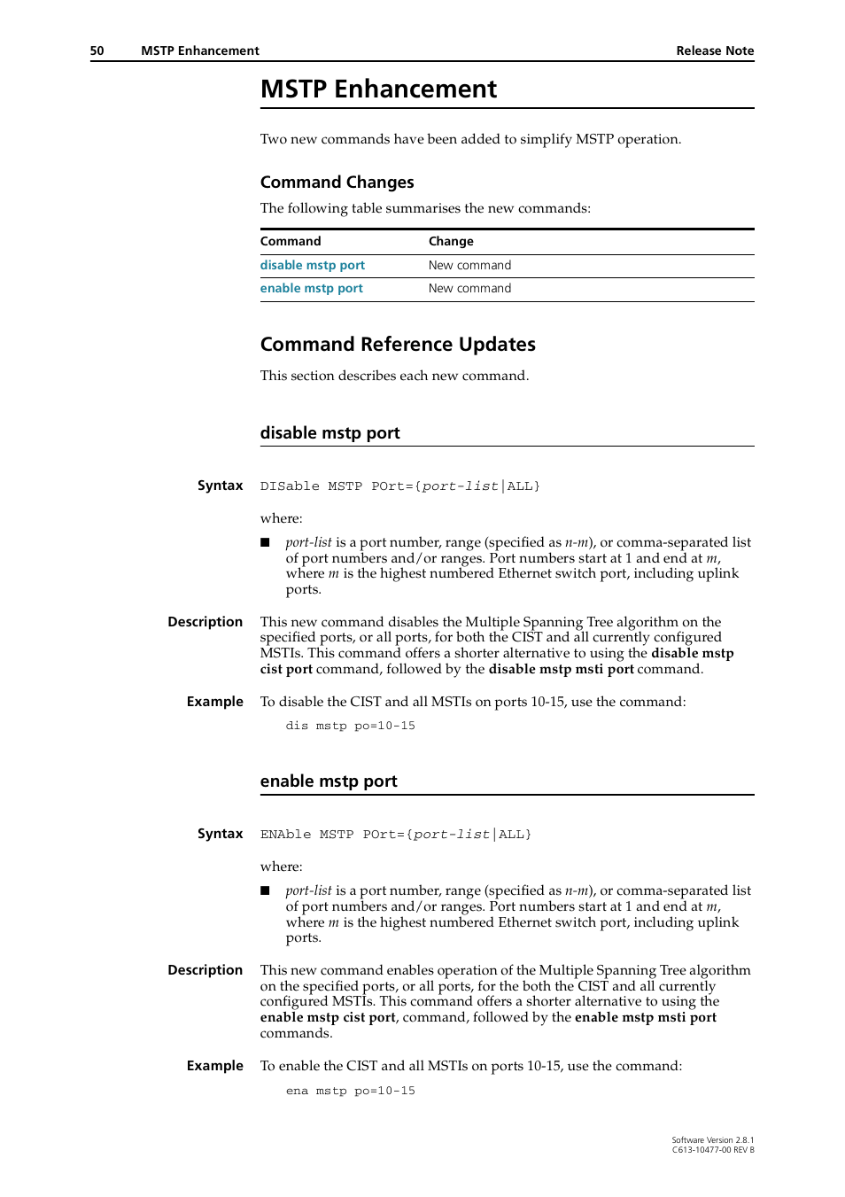 Mstp enhancement, Command reference updates, Disable mstp port | Enable mstp port, Command changes | Allied Telesis RAPIER I User Manual | Page 50 / 232