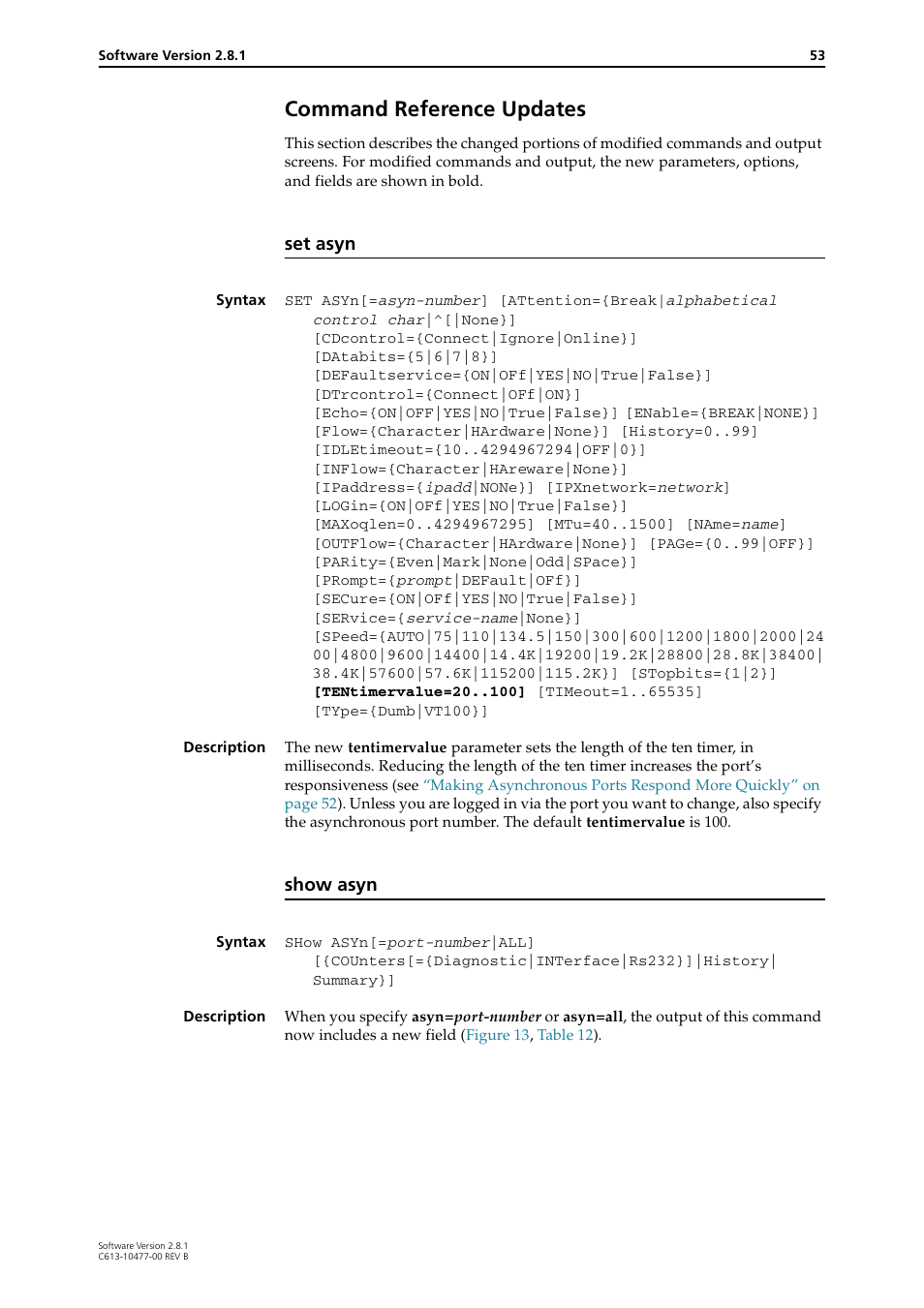 Command reference updates, Set asyn, Show asyn | Allied Telesis RAPIER I User Manual | Page 53 / 232