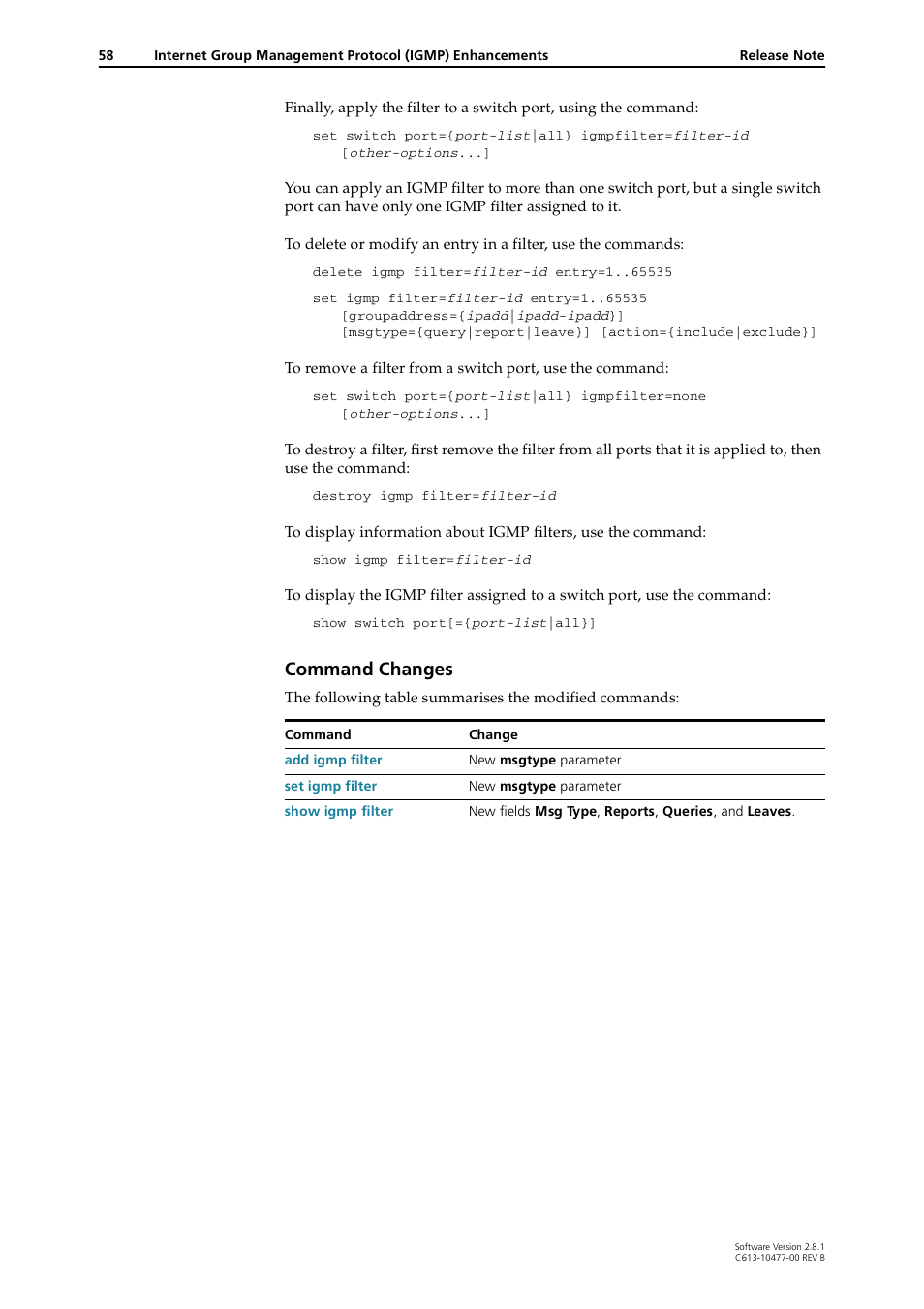 Command changes | Allied Telesis RAPIER I User Manual | Page 58 / 232