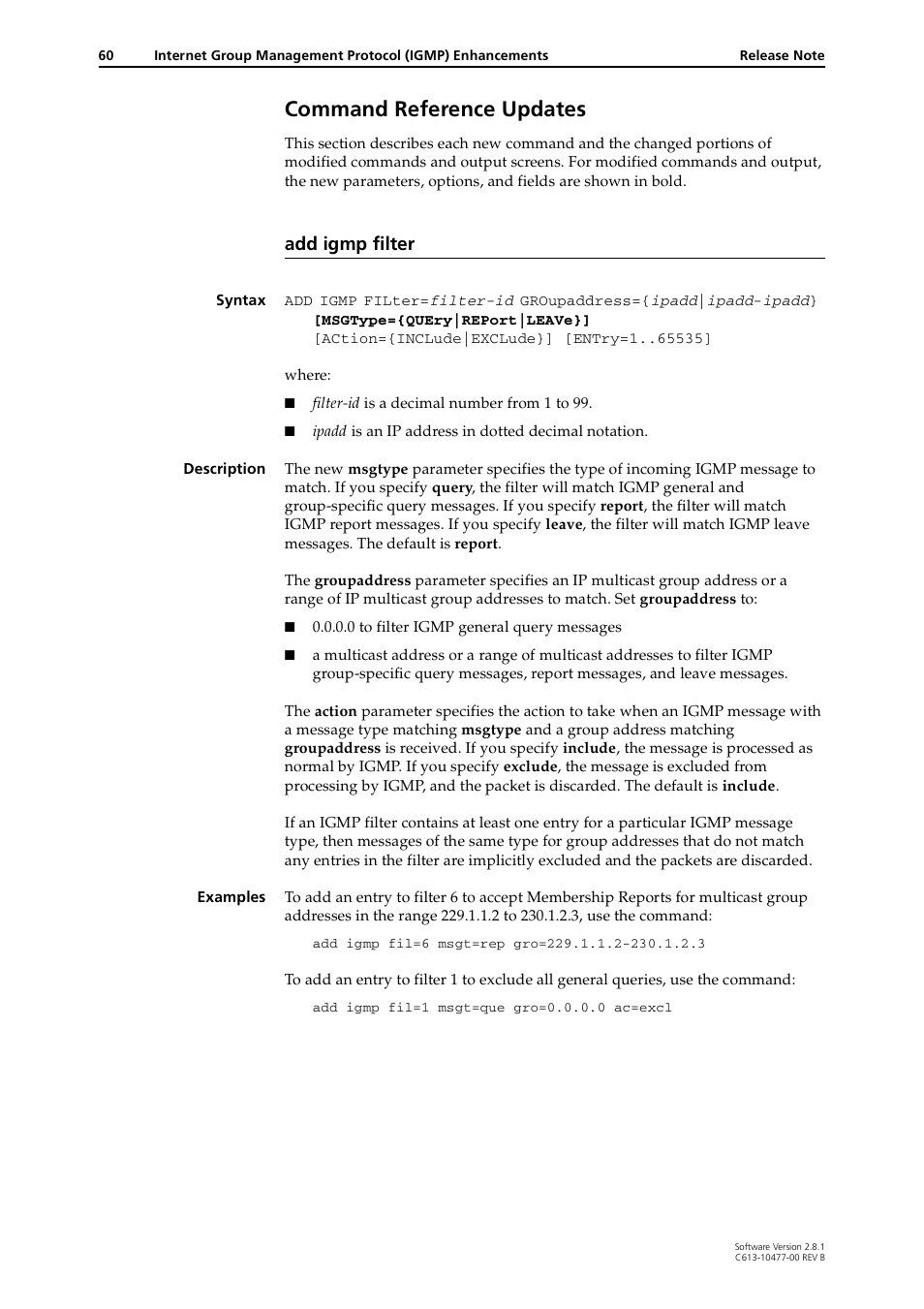 Command reference updates, Add igmp filter | Allied Telesis RAPIER I User Manual | Page 60 / 232