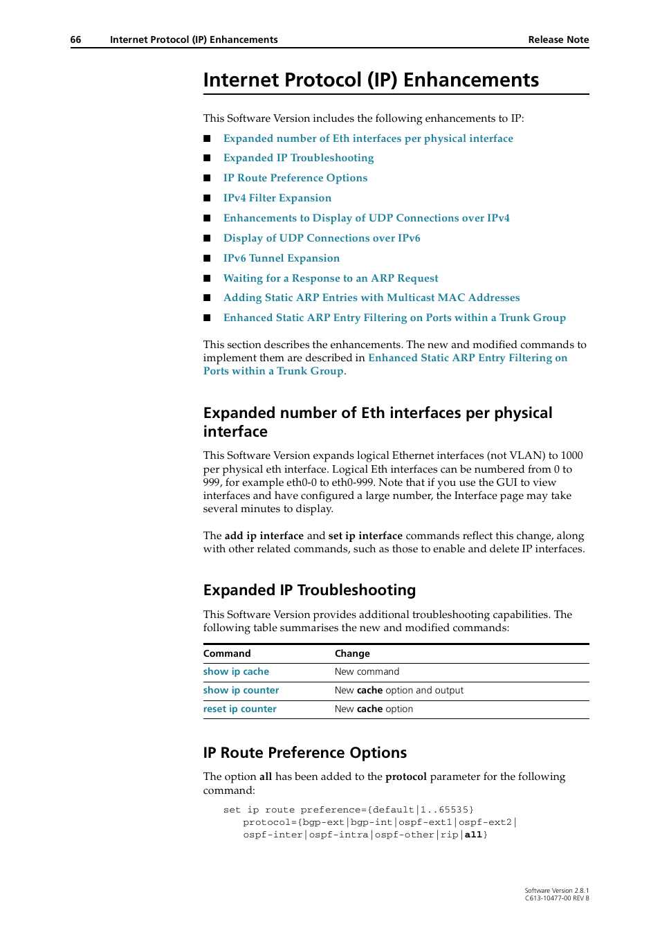 Internet protocol (ip) enhancements, Expanded ip troubleshooting, Ip route preference options | Allied Telesis RAPIER I User Manual | Page 66 / 232