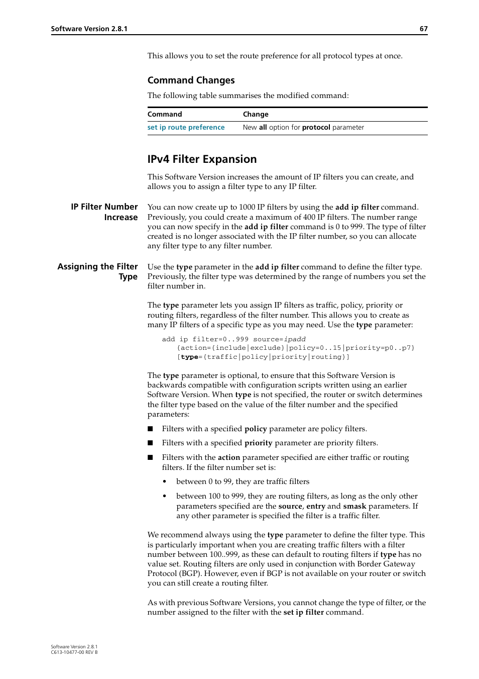Ipv4 filter expansion, Command changes | Allied Telesis RAPIER I User Manual | Page 67 / 232