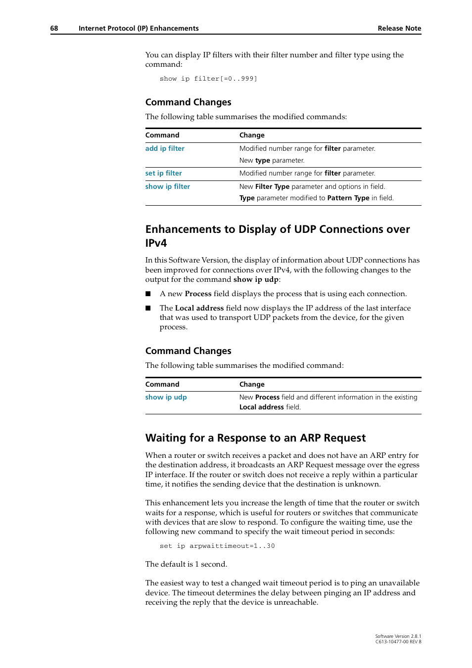 Waiting for a response to an arp request, Command changes | Allied Telesis RAPIER I User Manual | Page 68 / 232