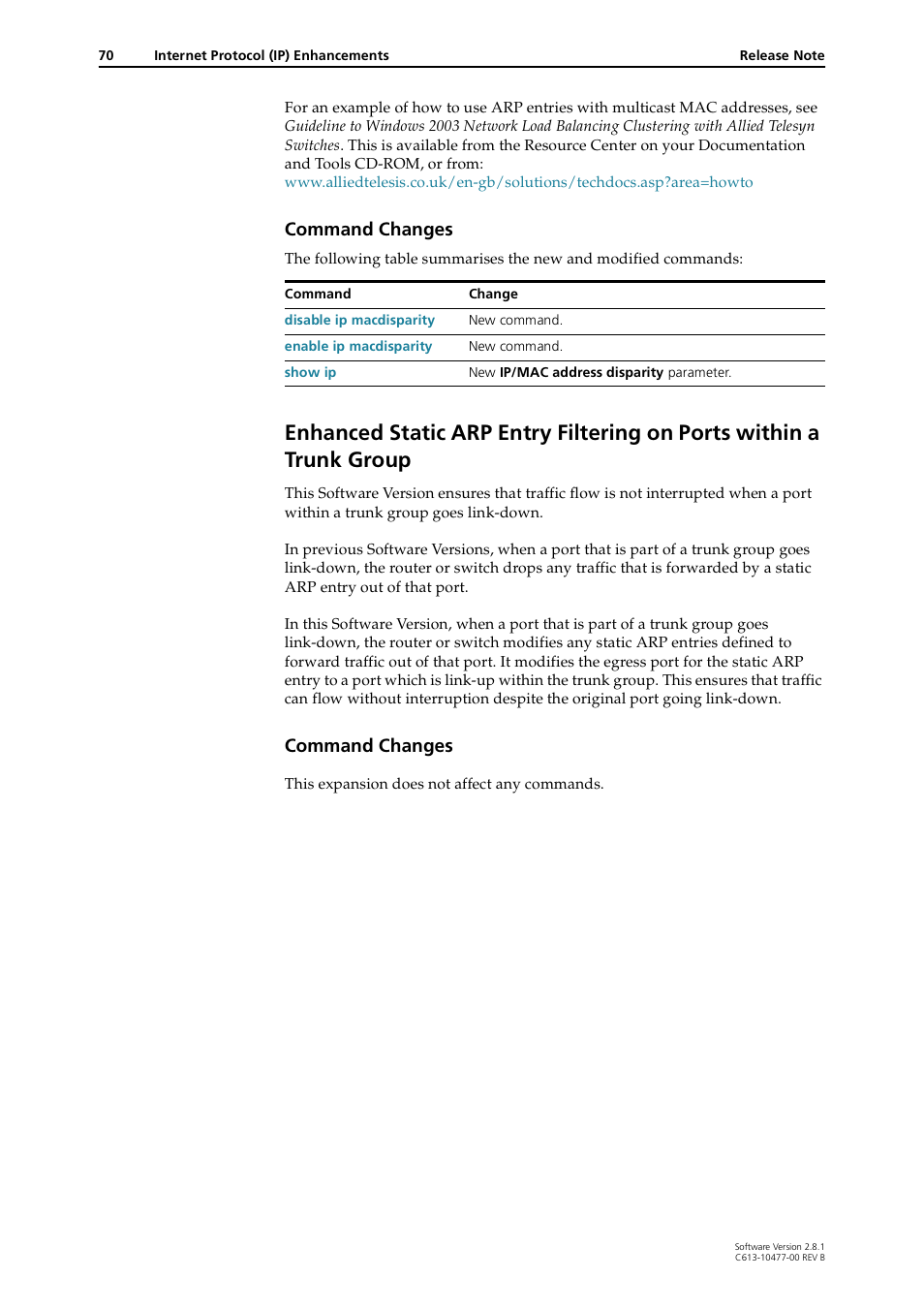 Trunk group, Enhanced static arp entry filtering on, Ports within a trunk group | Command changes | Allied Telesis RAPIER I User Manual | Page 70 / 232
